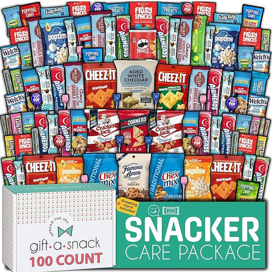 Gift A Snack - Valentines Day Snack Box Variety Pack Care Package + Greeting Card (100 Count) Birthday Sweet Treats Gift Basket Candies Chips Crackers Bars Office Food Assortments & Variety Gifts