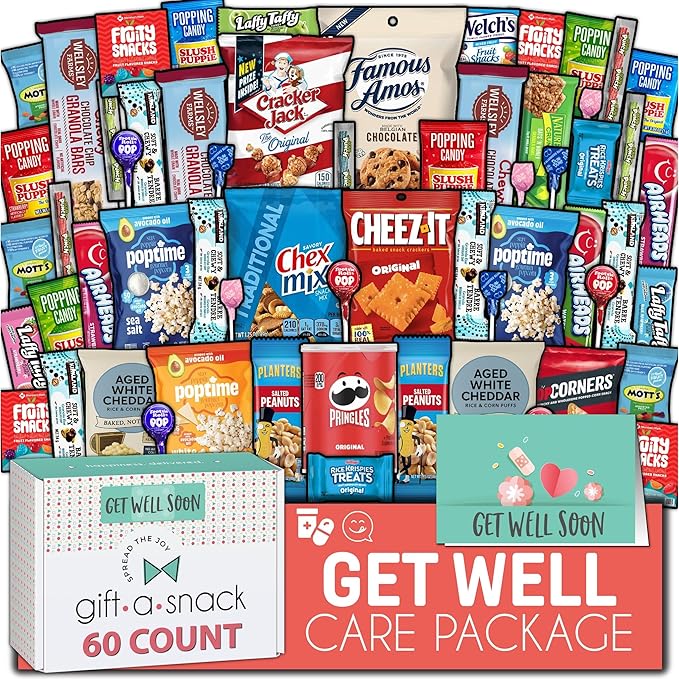 Gift A Snack - Get Well Soon Snack Box Variety Pack Care Package + Greeting Card (60 Count) Feel Better Sweet Treats Gift Basket, Candies Chips Crackers Bars - Office Food Assortments