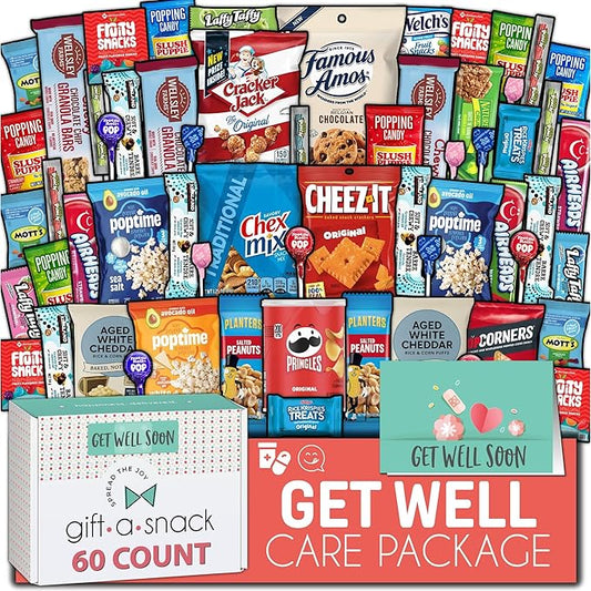 Gift A Snack - Get Well Soon Snack Box Variety Pack Care Package + Greeting Card (60 Count) Feel Better Sweet Treats Gift Basket, Candies Chips Crackers Bars - Office Food Assortments