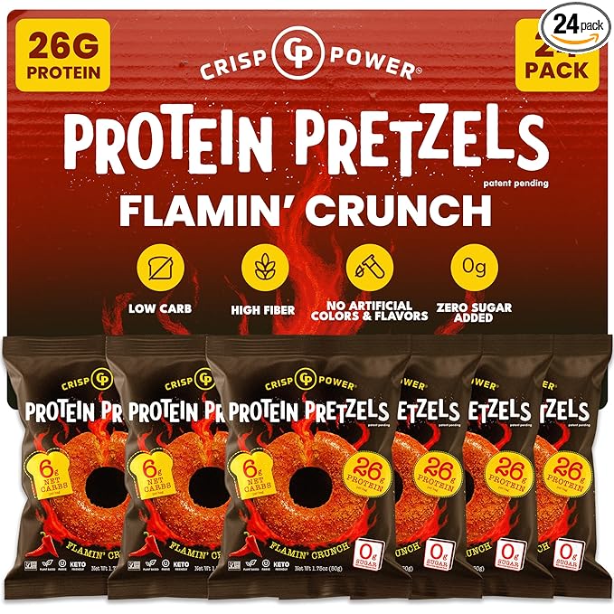 Crisp Power Protein Pretzels, NEW Flamin' Crunch, High Protein Snack, 25G Protein, Low Carb Crunchy Pretzel Snacks, No Added Sugar, 1.75 oz Bags, 24 Pack, Vegan, Plant-Based, Keto