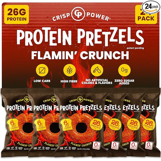 Crisp Power Protein Pretzels, NEW Flamin' Crunch, High Protein Snack, 25G Protein, Low Carb Crunchy Pretzel Snacks, No Added Sugar, 1.75 oz Bags, 24 Pack, Vegan, Plant-Based, Keto