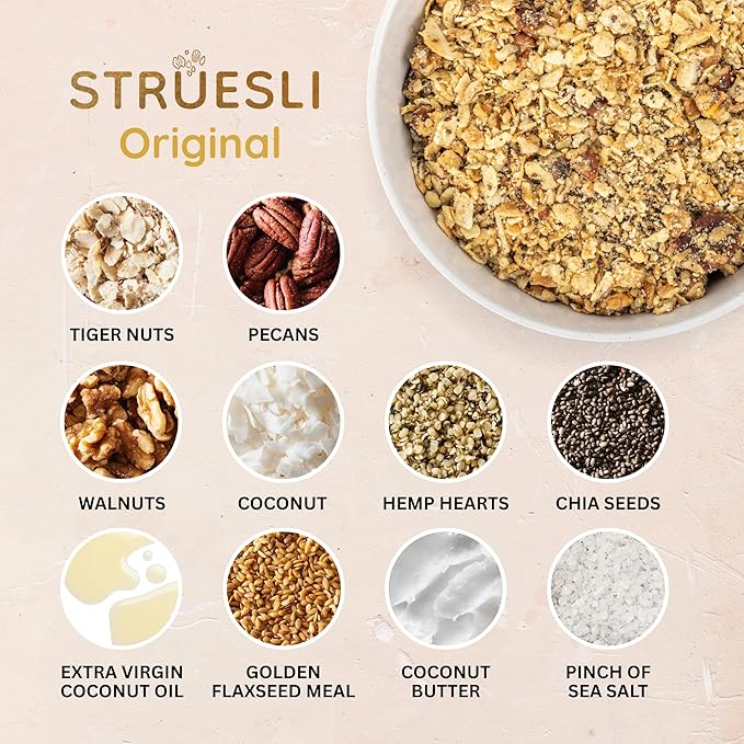 Struesli Original Organic Granola, Grain & Gluten Free, Healthy Snacks with Chia Seeds, Nuts and Sea Salt, Prebiotic High Fiber Food for Yogurt, Cereal & More, Plant Based, Keto & Paleo Friendly, 9 Oz