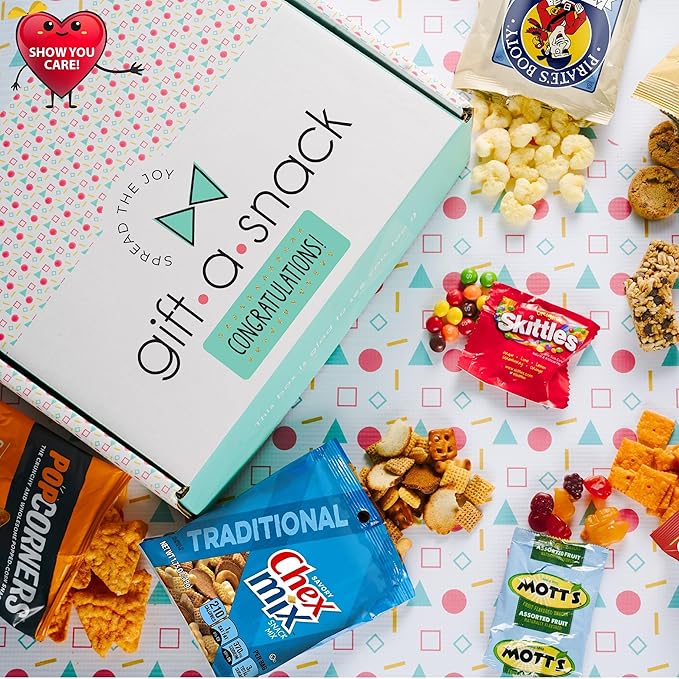 Gift A Snack - Congratulations Snack Box Variety Pack Care Package + Greeting Card (45 Count) Graduation Sweet Treats Gift Basket, Candies Chips Crackers Bars - Office Food Assortments