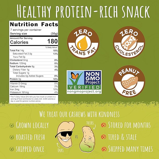 Sunshine Nut Company Whole Roasted Lightly Salted Cashews, Handful of Herbs Flavor, Single 7 oz. Bag, Gluten Free, Peanut Free and Vegan Individual Snack Packs for Kids and Adults, GMO Free