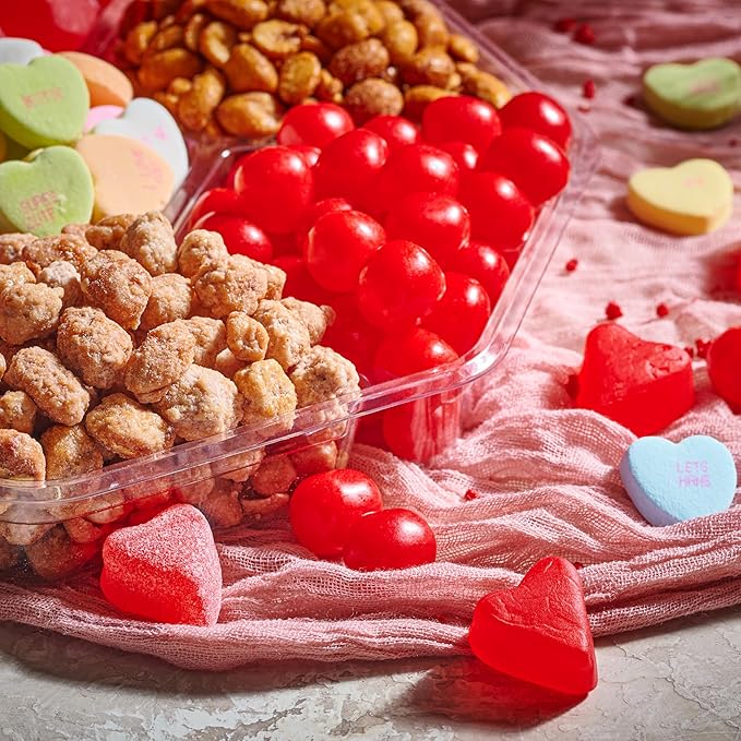 NUT CRAVINGS - Valentines Day Mixed Nuts & Heart Candy Gift Basket in Red Gold Box (7 Assortments, 1 LB) Treats for Adults, Food Arrangement, Healthy Snack Care Package, Kosher