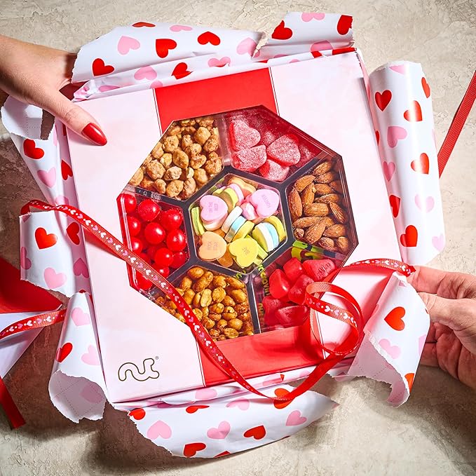 NUT CRAVINGS - Valentines Day Mixed Nuts & Heart Candy Gift Basket in Red Gold Box (7 Assortments, 1 LB) Treats for Adults, Food Arrangement, Healthy Snack Care Package, Kosher