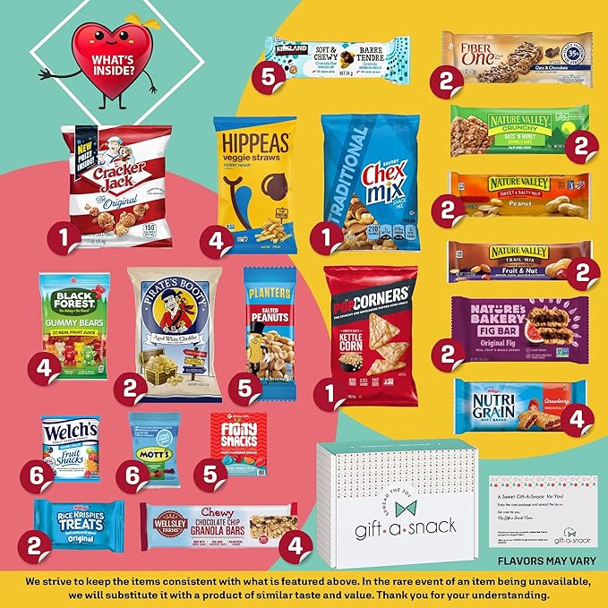 Gift A Snack - Valentines Day Healthy Snack Box Care Package + Greeting Card (60 Count) Birthday Treats Gift Basket, Nutritious Granola Breakfast Bars Office Food Assortments & Variety Gifts