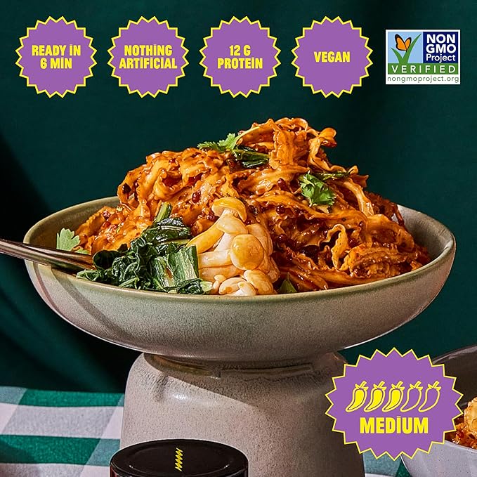 FLYBYJING Sweet & Spicy Noodles - Sun-Dried, Wavy, Bouncy Asian Instant Noodles with Sichuan Chili Sauce - Ready in 6 Minutes - Vegan, High Protein, No MSG, 4.02 oz (Pack of 6)