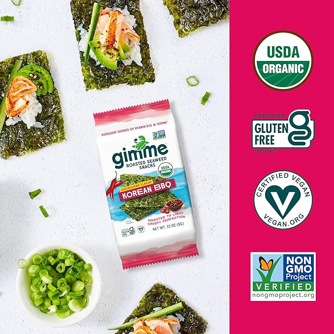 Gimme Seaweed Organic Premium Roasted Seaweed Snacks, Korean BBQ, 6 Count, Keto, Vegan, Gluten-Free, Great Source of Omega3s and Iodine, Healthy On-The-Go Snack for Kids and Adults (Pack of 2)