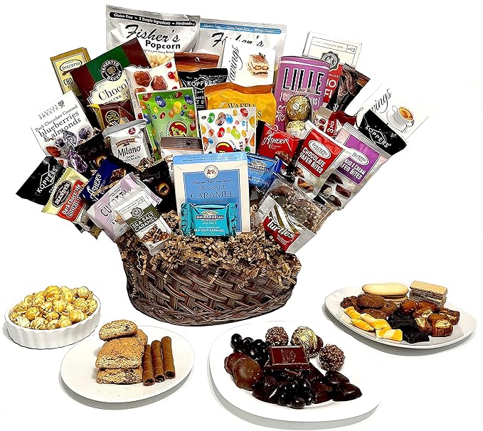 Hand-Crafted 38 Piece customizable chocolate gift basket of gourmet chocolates, cookies, and crunches. Tasty treats selected for businesses, clients, employees, birthdays, and thank you