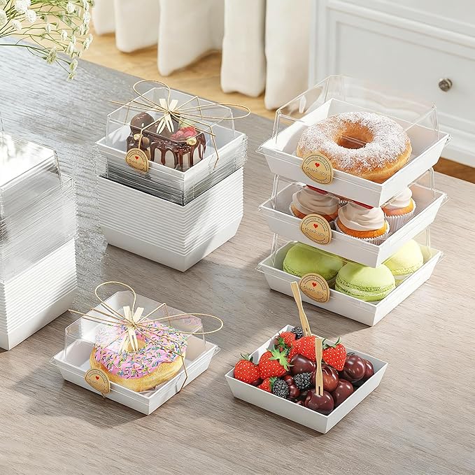 EffiQ-Rate 50 Pack Charcuterie Boxes with Clear Lids - To Go Paper Mini Charcuterie Box,Disposable Food Containers,White Dessert Boxes for Sandwich,Cookie,Sushi-Includes Strings,Stickers,and 100 Forks