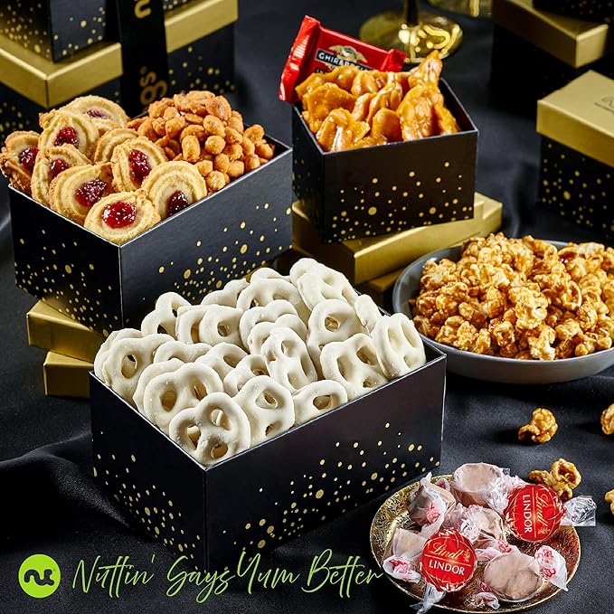NUT CRAVINGS - Valentines Day Chocolate Covered Pretzels & Caramel Popcorn Gift Basket, Black Tower + Ribbon (8 Assortments) Sweet Treats Food Arrangement, Healthy Snack Care Package, Kosher