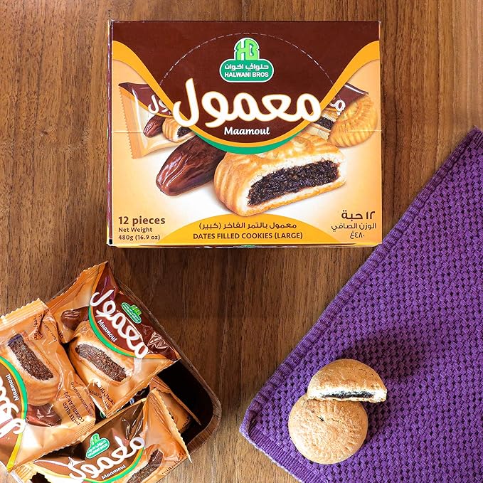 HB Halwani Bros Cookies Pack – Filled With Large Sweet Saudi Dates – 12 Pcs Delicious Wheat Flour Cookies, 16.9oz – Ramadan, Christmas, Weddings, Anniversaries – Includes Butter, Sugar, Yeast, Milk