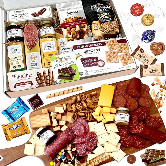Deluxe Meat and Cheese Gift Basket - Gourmet Charcuterie Assortment Charcuterie Food Items with Imported Chocolates Lindt, Ghirardelli, and Dubai Chocolate, Food Gifts for Men, Tailgating, Business, Care Packages, Holiday Special, and Christmas Gifts -...