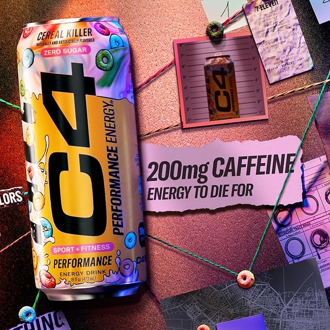 Cellucor C4 Energy Carbonated Zero Sugar Energy Drink, Pre Workout Drink + Beta Alanine, Cereal Killer, 16 Fl Oz Can (Pack of 12)
