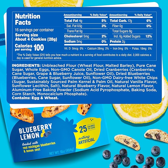 Cooper Street Twice-Baked Blueberry Lemon Biscotti Cookies (16 oz Pack of 2) – Over 50 Biscotti per Bag Loaded with Real Fruit, Traditional Italian Style Snacks - Dairy, Peanut & Soy Free, Kosher