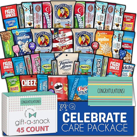 Gift A Snack - Congratulations Snack Box Variety Pack Care Package + Greeting Card (45 Count) Graduation Sweet Treats Gift Basket, Candies Chips Crackers Bars - Office Food Assortments