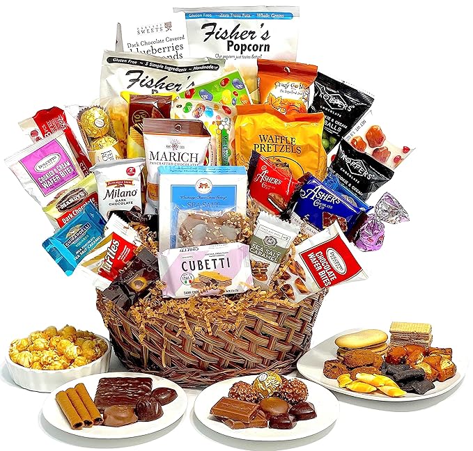 Hand-Crafted 33 Piece customizable chocolate gift basket of gourmet chocolates, cookies, and crunches. Tasty treats selected for businesses, clients, employees, birthdays, thank you and more!