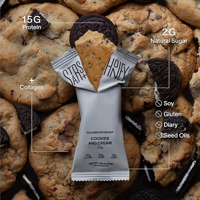 Stars + Honey Protein Bars - Cookies and Cream, 15g Protein, 2g Sugar, w/Collagen Keto Friendly Snack - Gluten, Dairy, Seed Oil, & Soy Free - High-Protein Snacks for Energy & Recovery -10 pack
