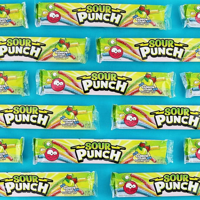 Sour Punch Straws, Rainbow Fruit Flavors, Chewy Sweet & Sour Candy, 2oz Tray (24 Pack)