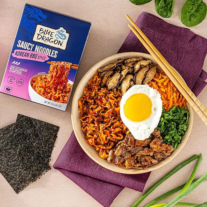 Blue Dragon Korean BBQ Saucy Noodles 4.2 oz (Pack of 6) – Knife-Cut Noodles with Korean-Style BBQ Sauce – Air-Dried, Never Fried – Vegetarian Friendly