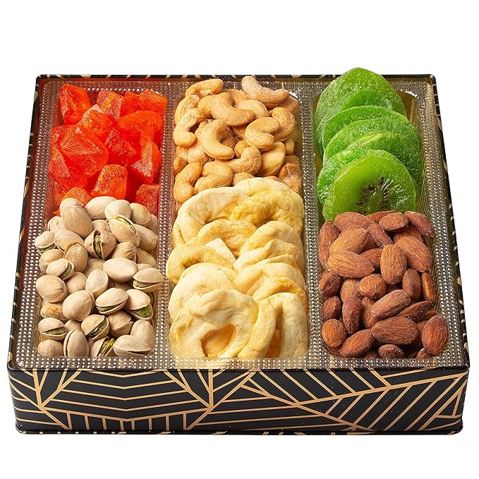 Oh! Nuts 6 Section Dried Fruits and Nuts Gift Basket - Gourmet Assorted Fruit & Nut Gifts Baskets - Healthy Food Square Metal Tin Box - Festive Gifts for Holiday, Birthday, Corporate Women & Men