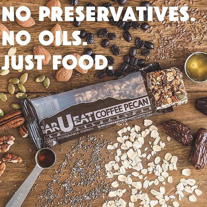 BAR-U-EAT Gluten-Free, Organic, Soft & Chewy Energy Bar. Whole Food Ingredients | Compostable Packaging | No Artificial Sugar | Healthy Snacks (Coffee Pecan 12 Pack)
