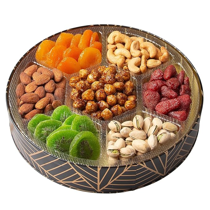 Oh! Nuts 7 Section Dried Fruits and Nuts Gift Basket - Gourmet Assorted Fruit & Nut Gifts Baskets - Healthy Food Round Metal Tin Box - Festive Gifts for Holiday, Birthday, Corporate Women & Men