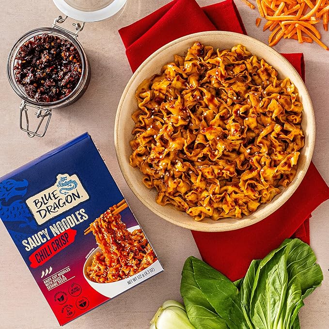 Blue Dragon Chili Crisp Saucy Noodles 4.2 oz (Pack of 6) – Knife-Cut Noodles with Crispy Chili Sauce – Air-Dried, Never Fried – Vegetarian Friendly