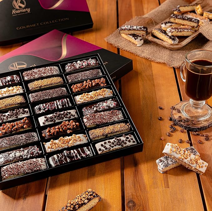 KREMERY Creamy Chocolate Cravings - Valentines Day Chocolate Covered Biscotti Cookies Gift Basket, in Elegant Gift Box (24 Biscotties, Assorted Sweet Toppings) Sweet Treats Food Arrangement, Kosher