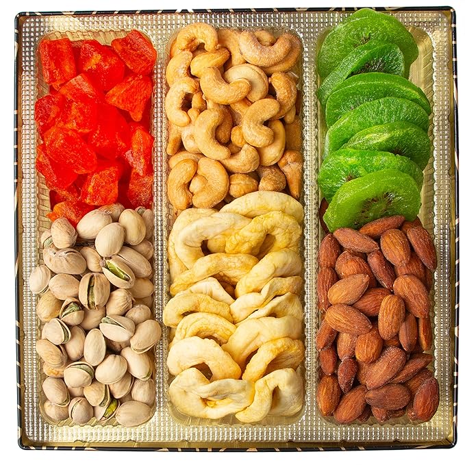 Oh! Nuts 6 Section Dried Fruits and Nuts Gift Basket - Gourmet Assorted Fruit & Nut Gifts Baskets - Healthy Food Square Metal Tin Box - Festive Gifts for Holiday, Birthday, Corporate Women & Men