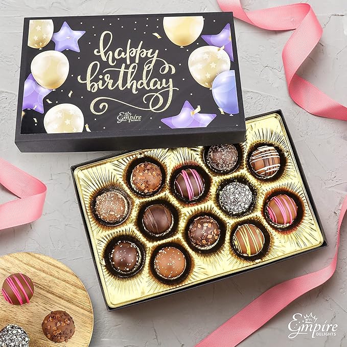 Happy Birthday Chocolates - 12 Assorted Milk & Dark Chocolate Truffles - Gourmet Box - Birthday Gifts for Women & Men, 6 oz