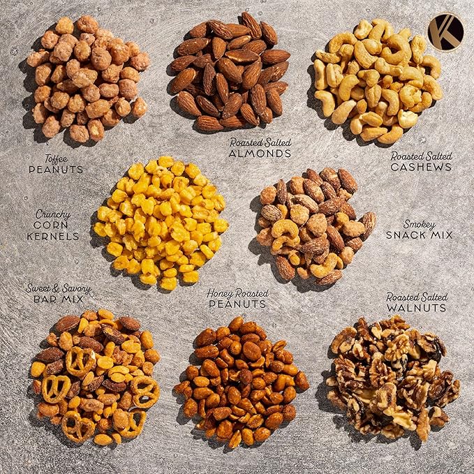 KREMERY Gourmet Nut Gift Basket - Valentines Day Mixed Nuts Gift Basket in Seagrass Tray with Ribbon (8 Assortments) Treats for Adults, Food Arrangement, Healthy Snack Care Package, Kosher