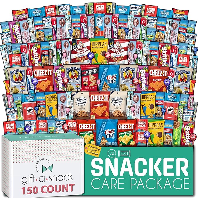Gift A Snack - Valentines Day Snack Box Variety Pack Care Package + Greeting Card (150 Count) Birthday Sweet Treats Gift Basket Candies Chips Crackers Bars Office Food Assortments & Variety Gifts