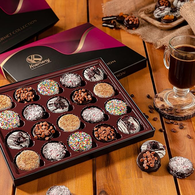 KREMERY Creamy Chocolate Cravings - Valentines Day Chocolate Covered Sandwich Cookies & Cream Gift Basket, in Elegant Gift Box (20 Cookies, Assorted Sweet Toppings) Sweet Treats, Kosher
