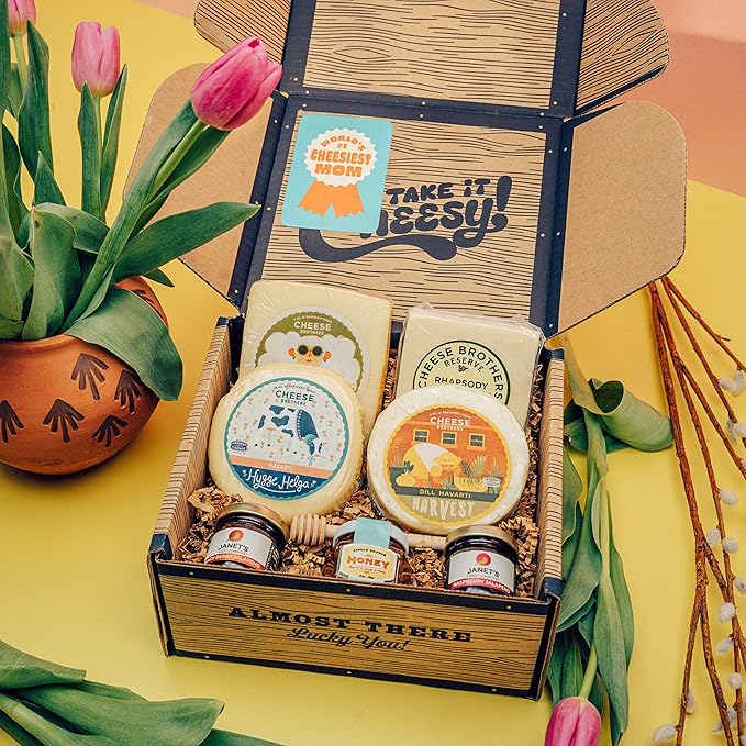 Cheese Bros. "World's Cheesiest Mom" Gift Box | Fresh from Wisconsin | Includes Mozzarella, Dill Havarti, Yodel, Adelheid, Jam and Honey | Unique Birthday and Mother's Day Gifting Idea
