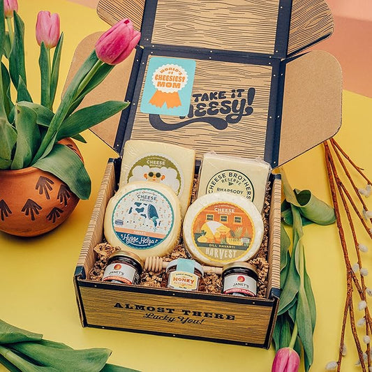 Cheese Bros. "World's Cheesiest Mom" Gift Box | Fresh from Wisconsin | Includes Mozzarella, Dill Havarti, Yodel, Adelheid, Jam and Honey | Unique Birthday and Mother's Day Gifting Idea