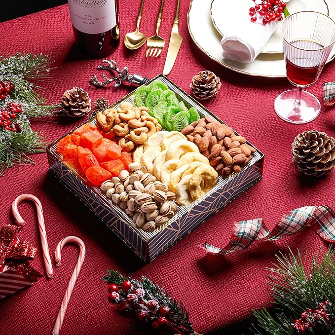 Oh! Nuts 6 Section Dried Fruits and Nuts Gift Basket - Gourmet Assorted Fruit & Nut Gifts Baskets - Healthy Food Square Metal Tin Box - Festive Gifts for Holiday, Birthday, Corporate Women & Men