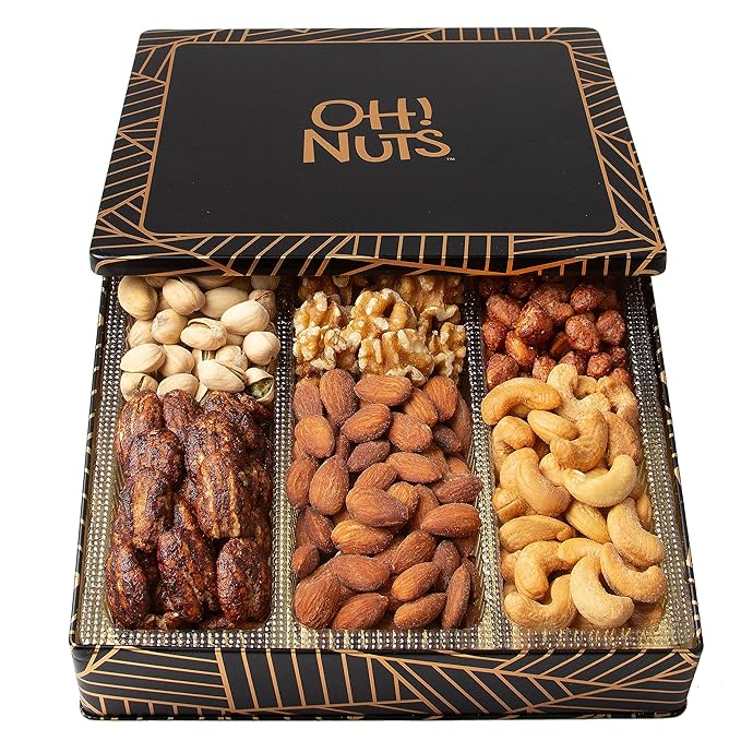 Oh! Nuts 6 Section Nuts Gift Basket - Gourmet Assorted Nut Gifts Baskets - Healthy Nuts Gift Square Metal Tin Box - Premium Food Gift for Birthday, Holiday, Movie Night, Corporate, Men & Women
