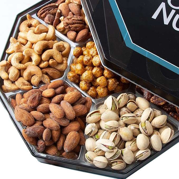 Oh! Nuts Gift Basket 7 Section Assorted Gift Tin Box - Gourmet 7 Variety Fresh Roasted Nuts - Healthy Snacks for Birthday, Anniversary, Family Party, Movie Night - for Men & Women