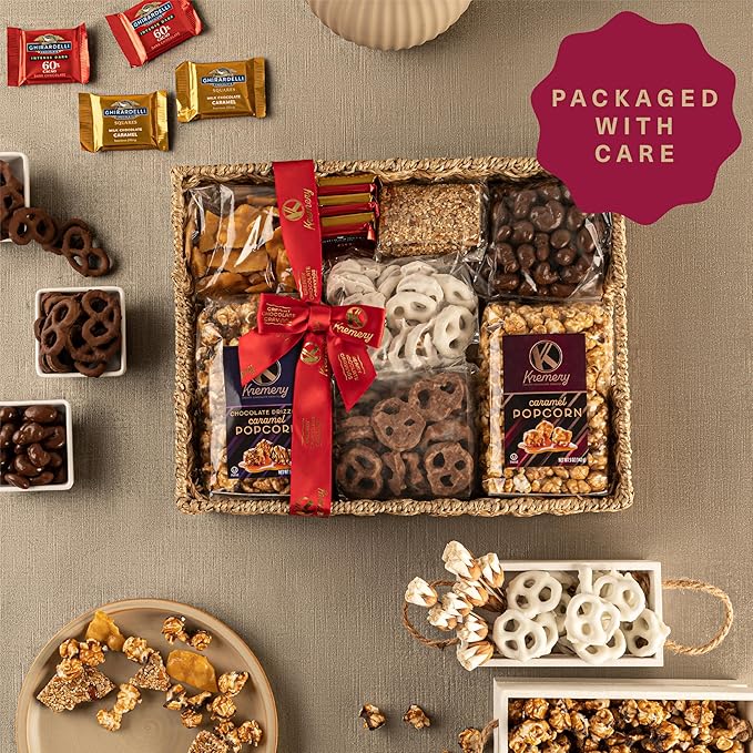 KREMERY Creamy Chocolate Cravings - Valentines Day Chocolate Covered Pretzels & Caramel Popcorn Gift Basket, in Seagrass Tray + Ribbon (Deluxe, 3.5 lbs) Sweet Treats Food Arrangement, Kosher