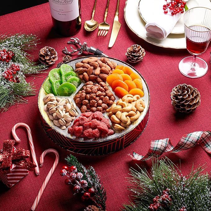 Oh! Nuts 7 Section Dried Fruits and Nuts Gift Basket - Gourmet Assorted Fruit & Nut Gifts Baskets - Healthy Food Round Metal Tin Box - Festive Gifts for Holiday, Birthday, Corporate Women & Men